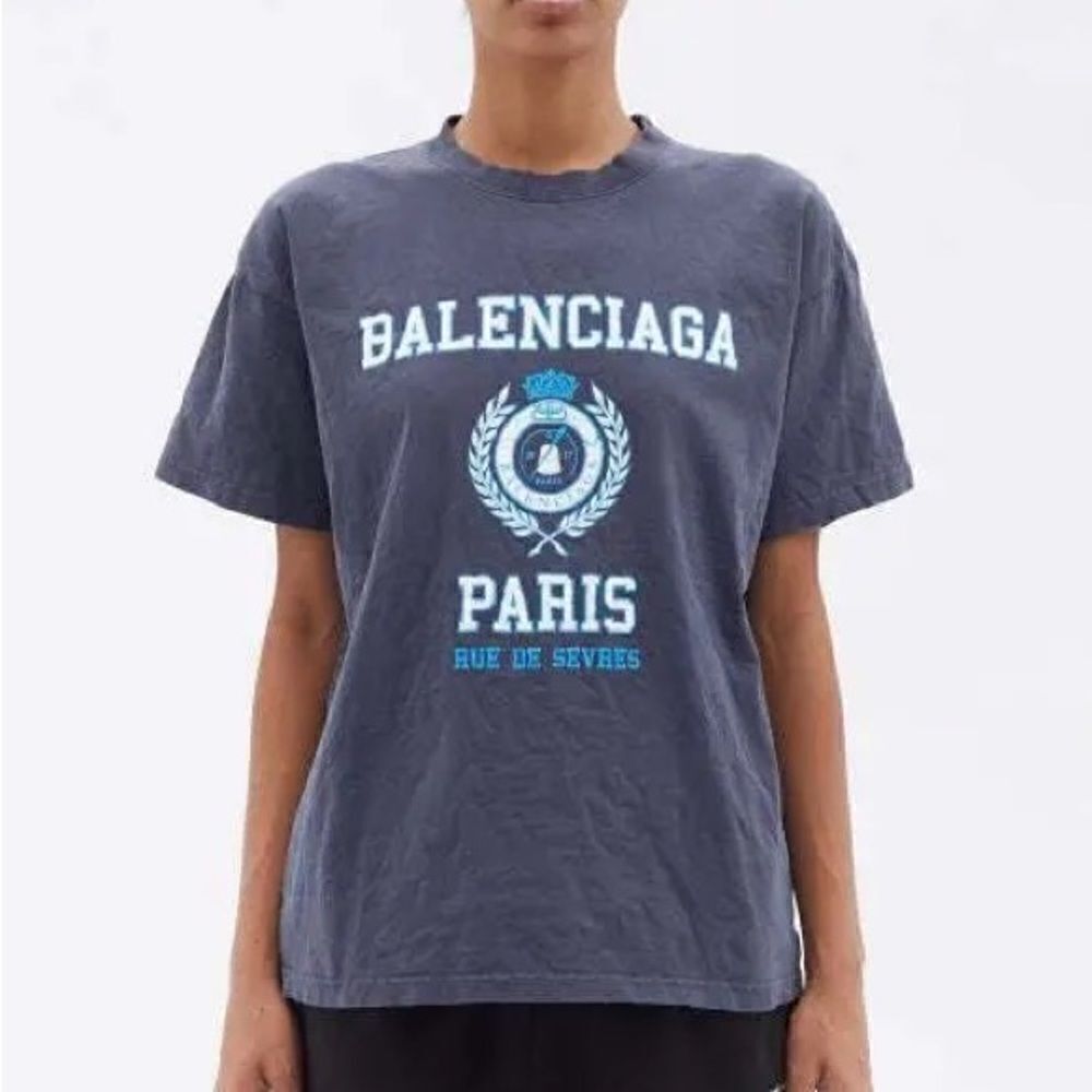 Balenciaga College 1917 Crest Logo Blue Cotton Jersey Crewneck T-Shirt Sz S NWT